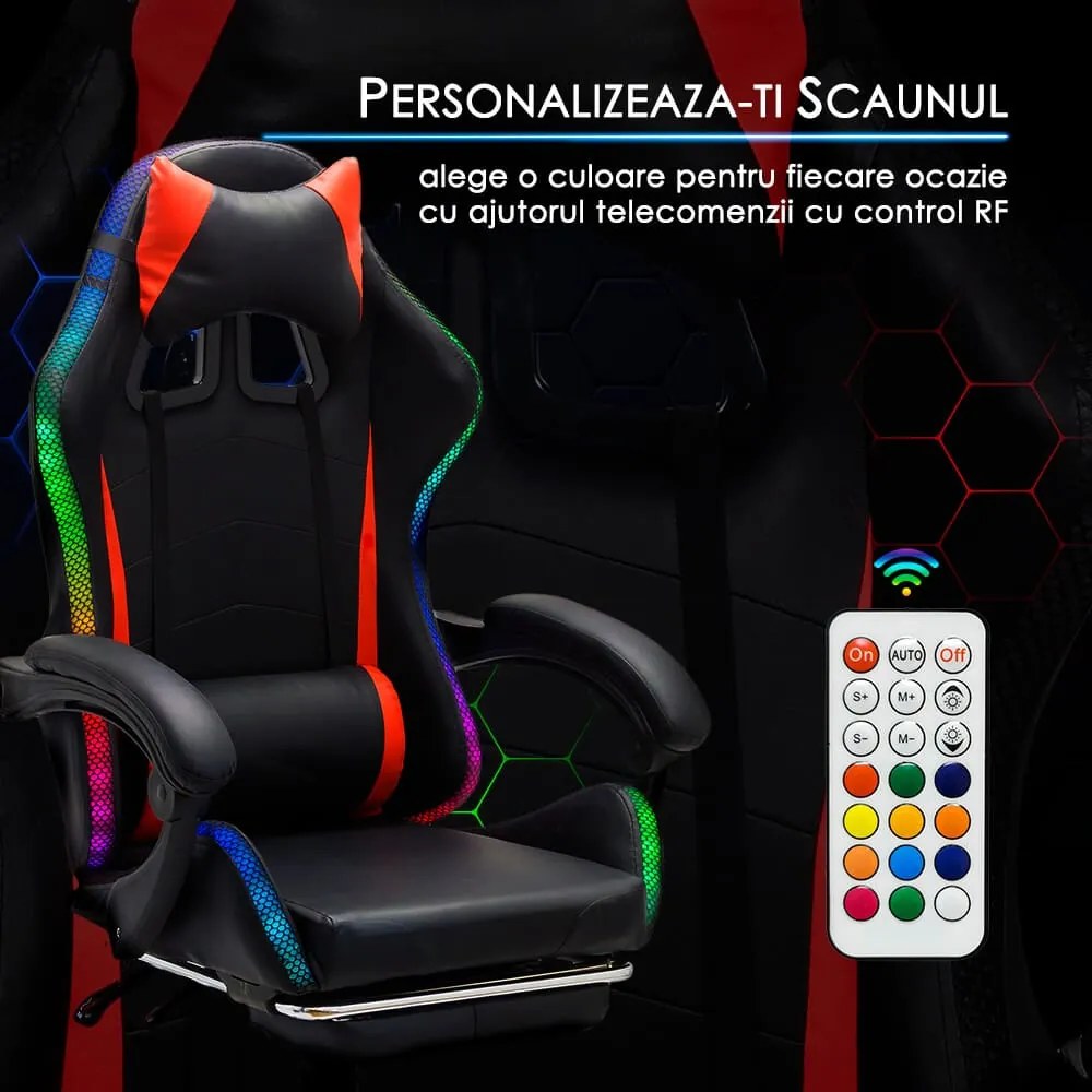 Scaun de gaming cu masaj si iluminare RGB din piele ecologica OFF 303 rosu cu negru