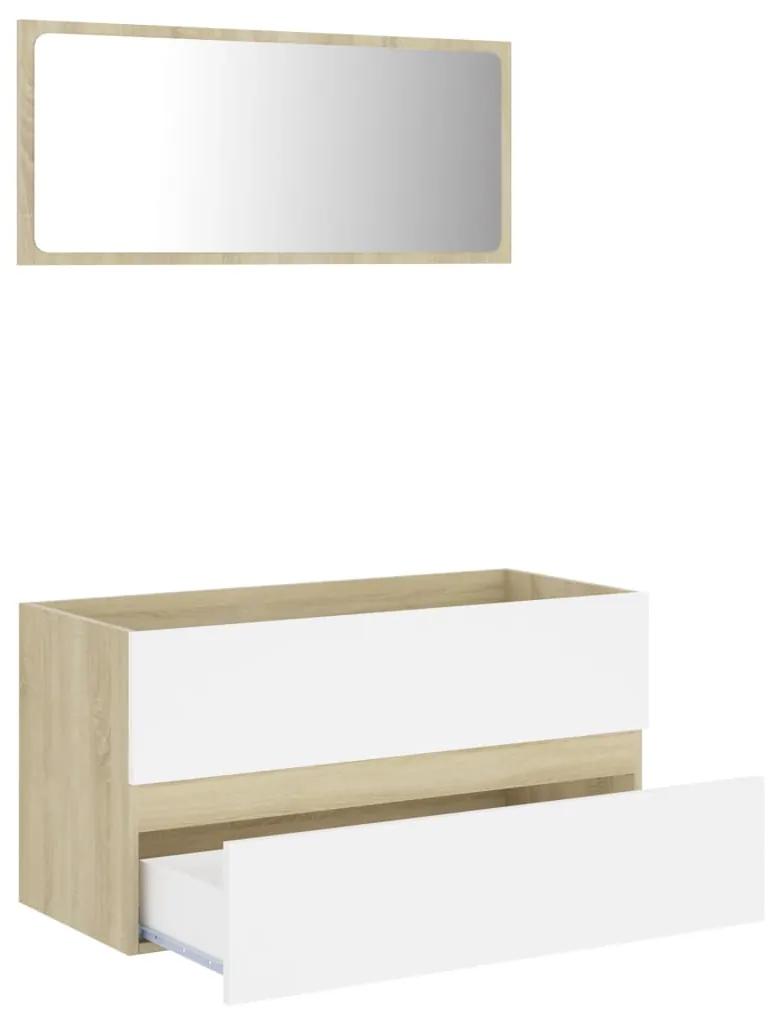 Set mobilier baie, 2 piese, alb si stejar Sonoma, PAL alb si stejar sonoma, Dulap pentru chiuveta + oglinda, 1
