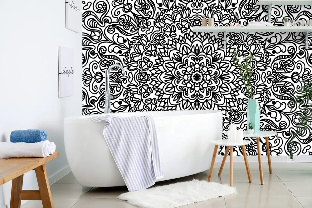 Tapet ornament cu motiv floral în alb-negru