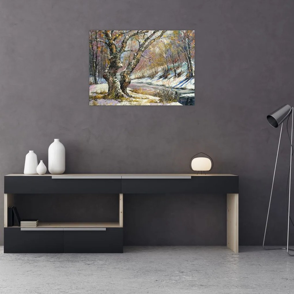 Tablou pe sticlă cu peisaj de iarnă pictat (70x50 cm)