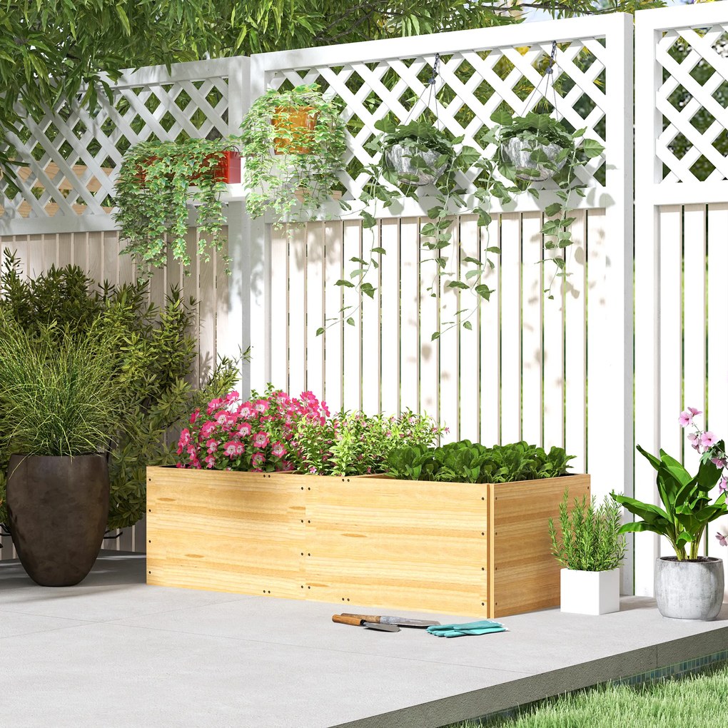 Outsunny Strat de Grădină Înălțat și Adânc cu 3 Zone de Creștere și Strat de Protecție, 140x60x40 cm, Lemn Natural | Aosom Romania