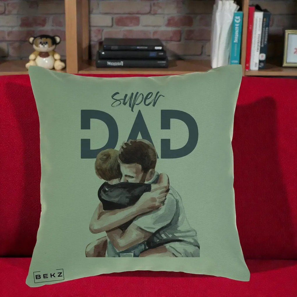 Cadou pentru Tata - Perna Personalizata Super Dad Tata si Fiu Imbratisare, 40x40 cm, Verde, Husa Detasabila, Perna Inclusa, BEKZ®