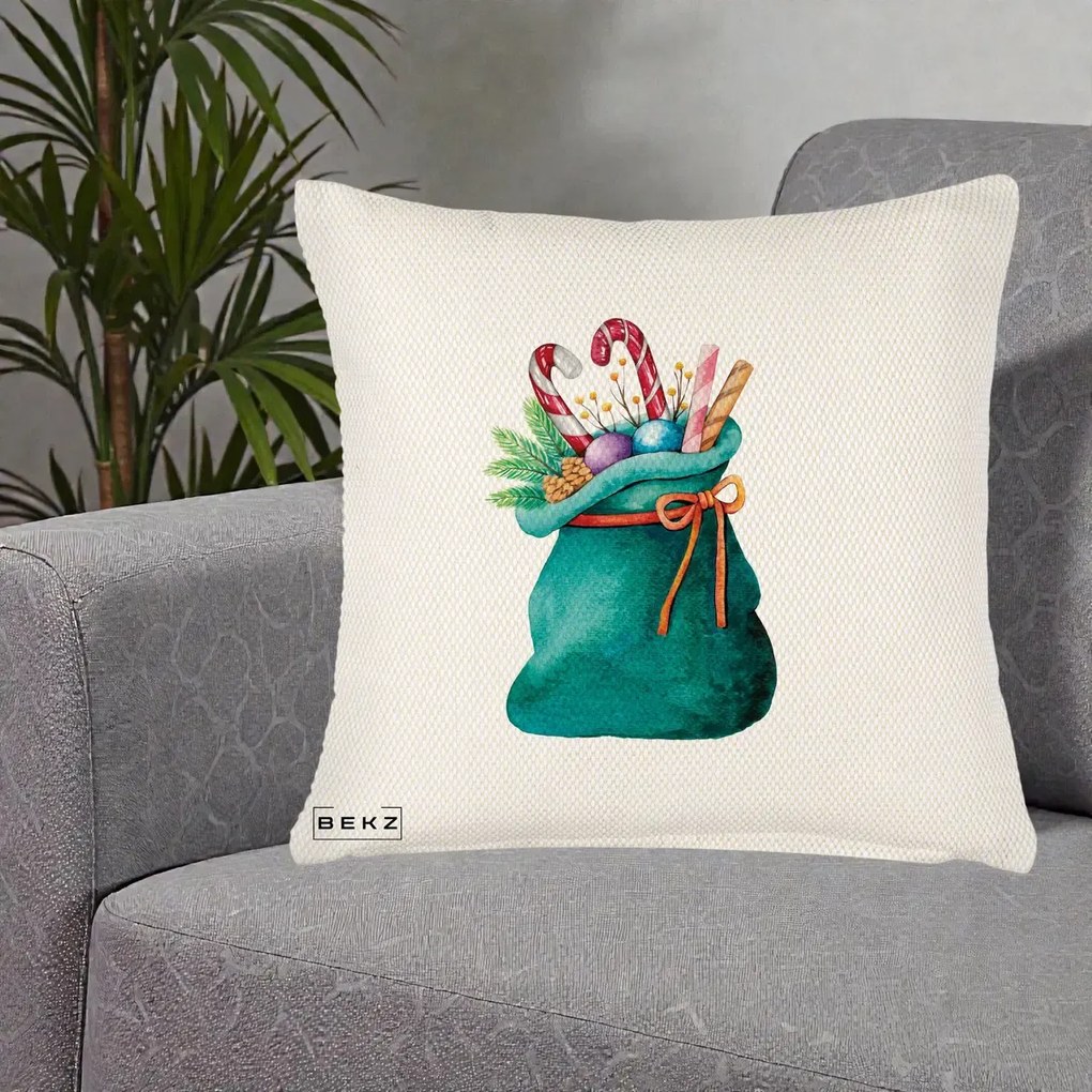 Perna Decorativa Saculet Cadouri Mos Craciun Acuarela Verde, 40x40 cm, Crem Reliefat, Husa Detasabila, Perna Inclusa, BEKZ®