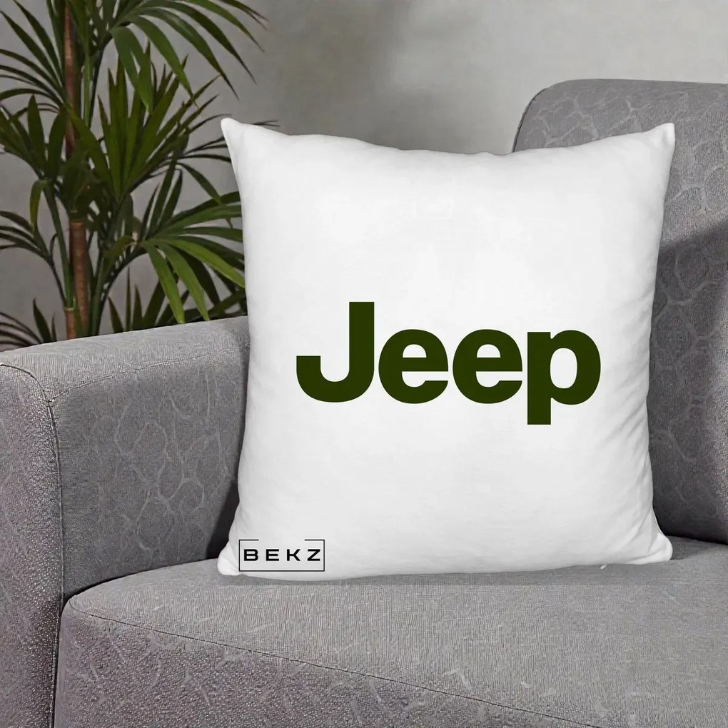 Perna Personalizata cu emblema Jeep, 40x40 cm, Alb Pufos, Husa Detasabila, Perna Inclusa, BEKZ®