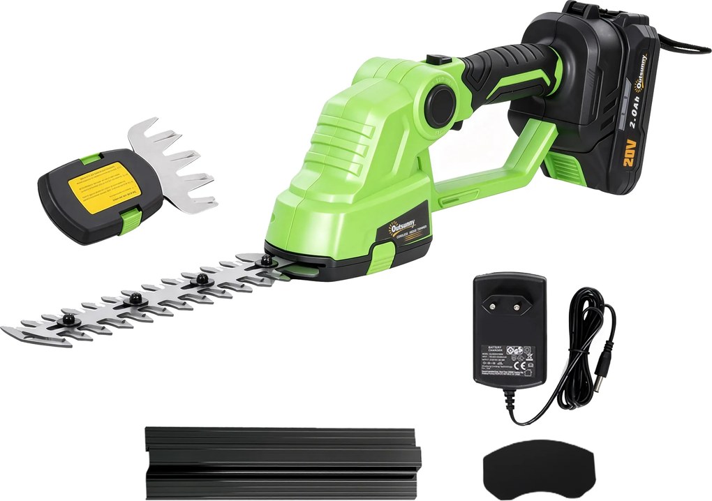 Outsunny 2-în-1 Foarfecă cu acumulator pentru gard viu, foarfecă electrică pentru gard viu &amp; tufe cu lungime de tăiere 20/10 cm, încărcător | Aosom Romania