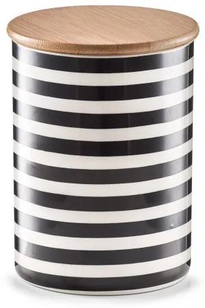 Recipient ceramic pentru depozitare Stripes, capac din bambus, Black/White, 900 ml, Ø 11,5xH15 cm