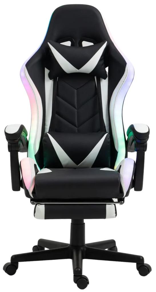 Scaun gaming, sistem iluminare bandă LED RGB, masaj în perna lombară, suport picioare, Negru/Alb