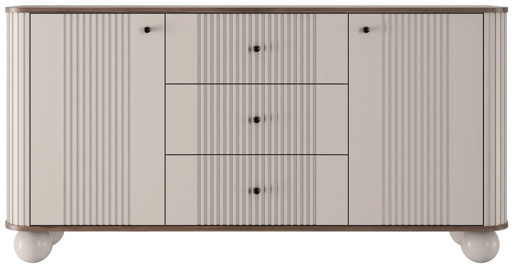 Comodă cu sertare pe picioare rotunde Vesper 160 cm - cașmir / nuc / mânere negre