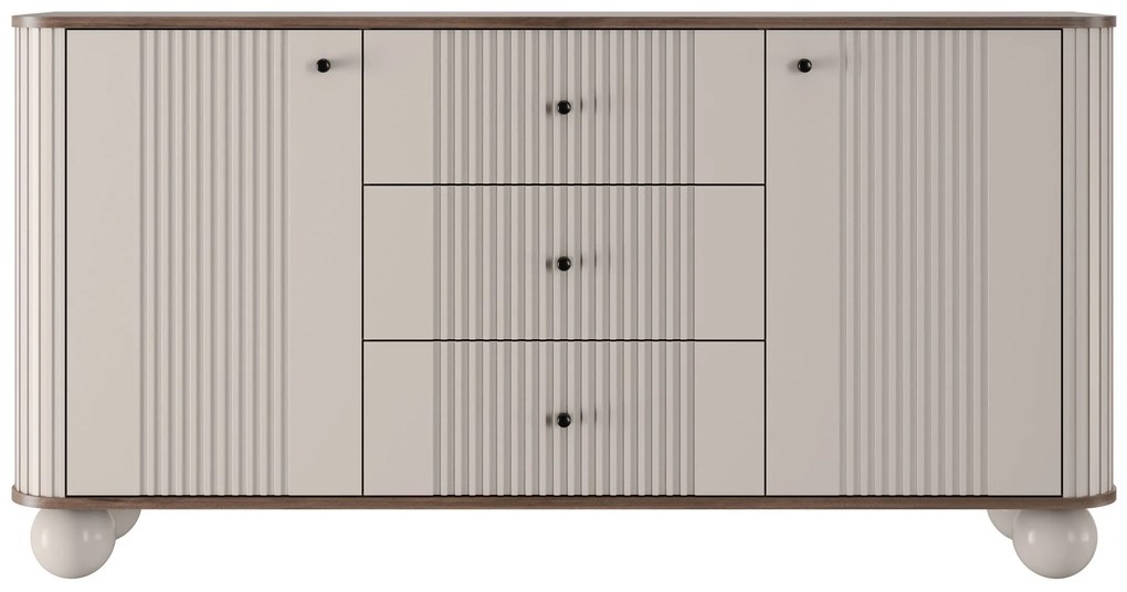 Comodă cu sertare Vesper 160 cm - cașmir / nuc / mânere negre / picioare sferice