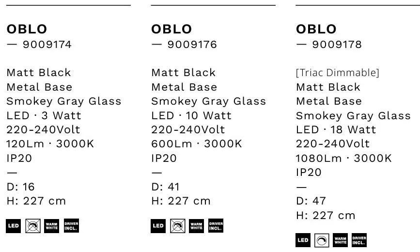 Lustra moderna cu 3 pendule LED, Metal, Sticla, Gri Fumuriu, OBLO