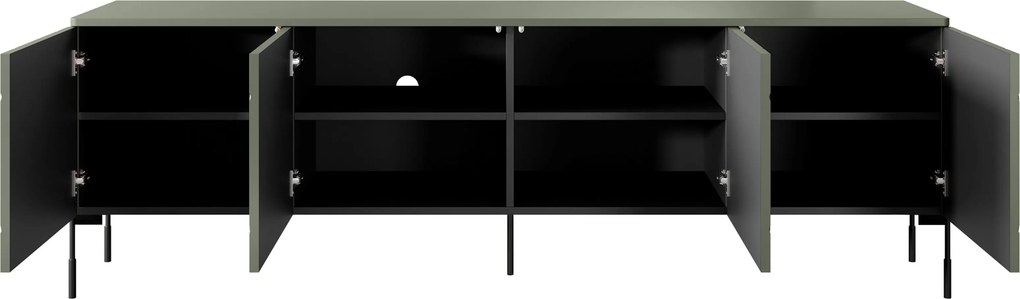 Comodă TV Sonatia 200 cm cu patru uși pe picioare metalice - verde măsliniu