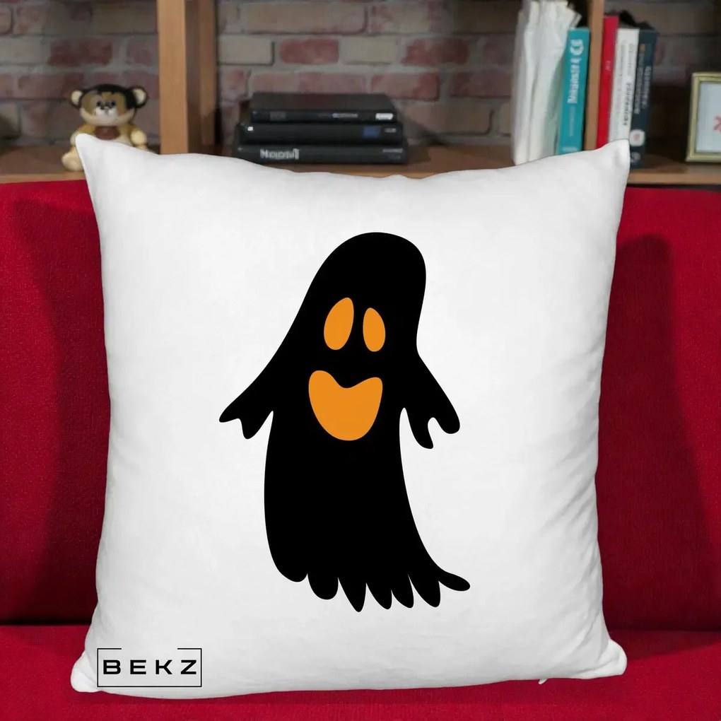 Perna Decorativa Halloween Fantoma Neagra cu Ochi Portocalii, 40x40 cm, Alb Pufos, Husa Detasabila, Perna Inclusa, BEKZ®