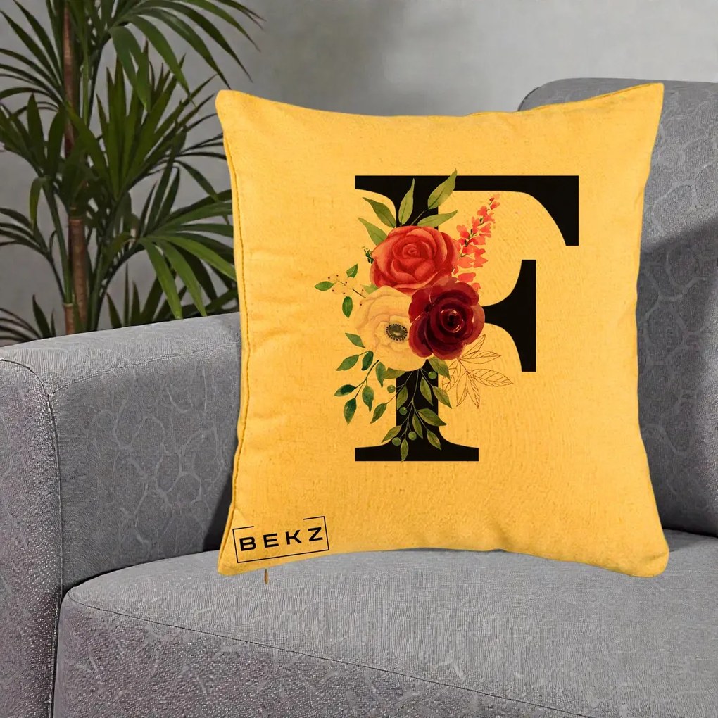 Cadou Personalizat - Perna Personalizata Monograma Florala Litera F, 40x40 cm, Galben, Husa Detasabila, Perna Inclusa, BEKZ®