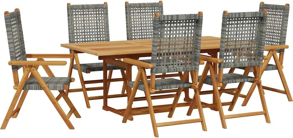 vidaXL Set masă pentru grădină, 7 piese, gri, poliratan/lemn masiv