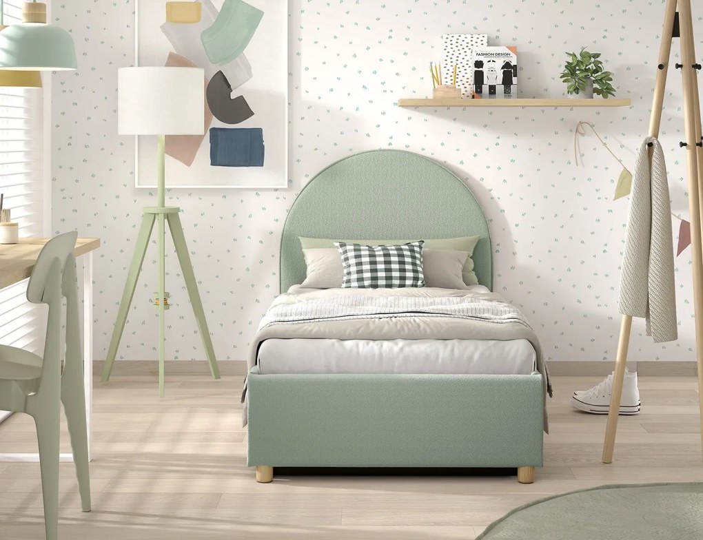 Pat tapițat pentru copii MOON, 90 x 200 cm, verde, cu țesătură bouclé și spațiu de depozitare – Vipack