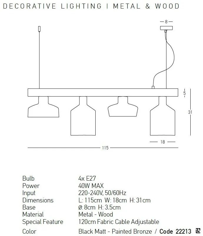 Lustra suspendata design decorativ Kinsey lemn/metal