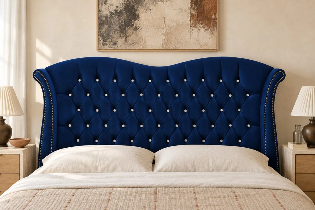 Pat tapițat Chesterfield Avella 160×200 cm, bleumarin, cu ladă de depozitare