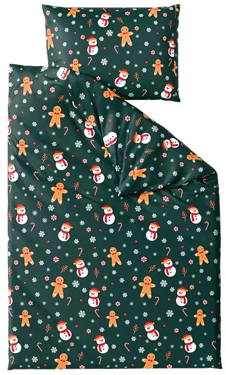 Set 2 buc lenjerie cocolino SNOWMAN AND GINGERBREAD verde + cearsaf Cocolino microplus cu elastic SOFT 180x200 cm alb, pat dublu