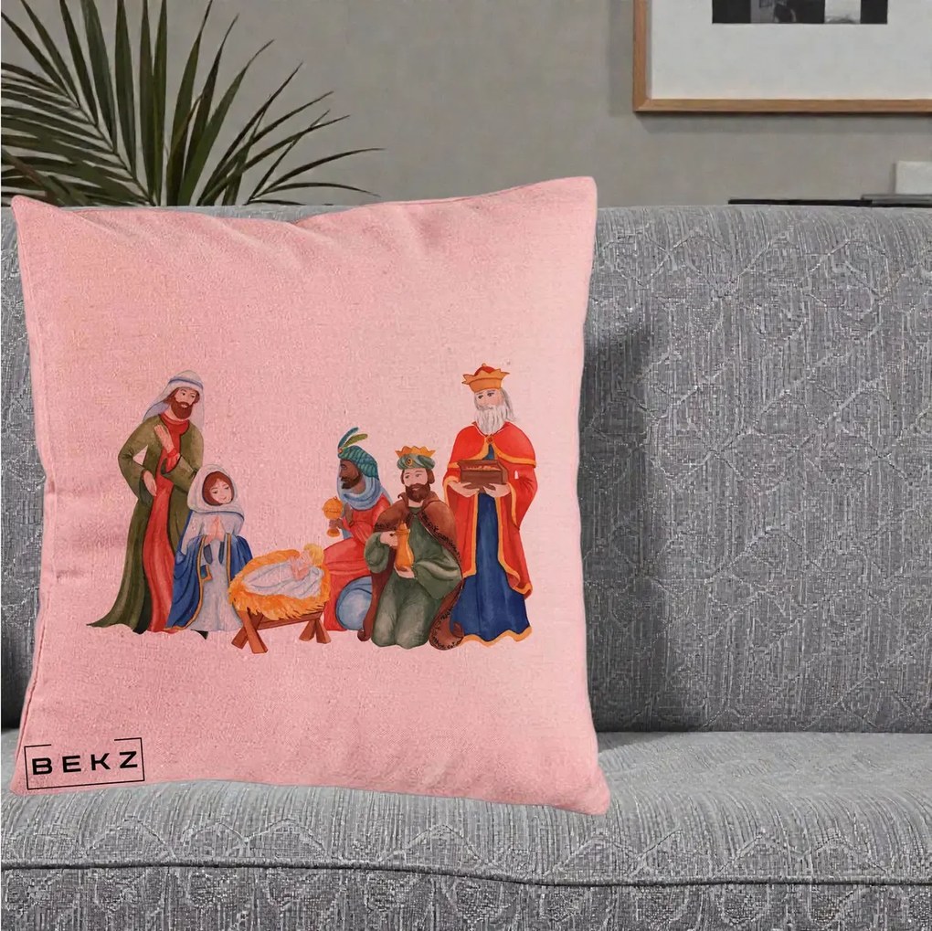 Perna Decorativa Nasterea Domnului Cei Trei Magi Acuarela, 40x40 cm, Roz, Husa Detasabila, Perna Inclusa, BEKZ®