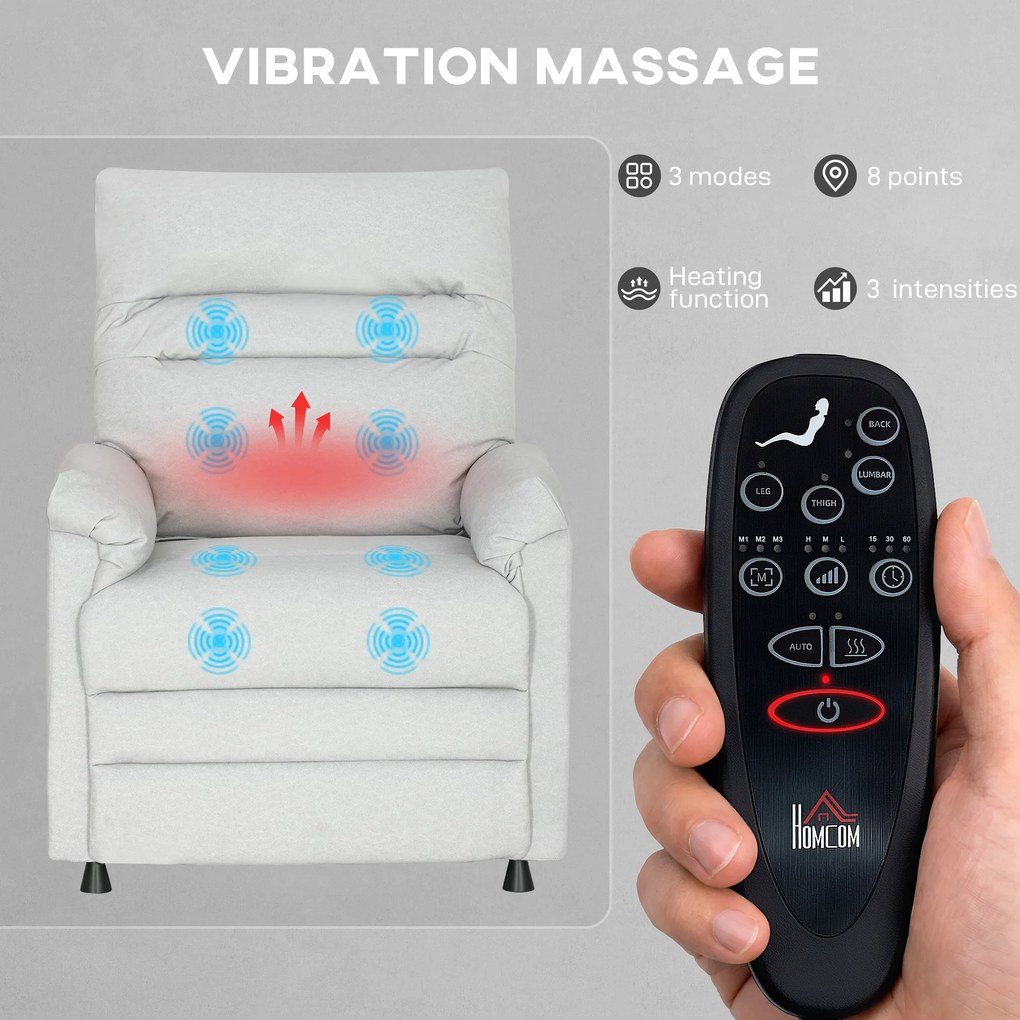 HOMCOM Fotoliu Relaxant Electric cu Masaj și Încălzire și Suport pentru Picioare, Silențios, Fotoliu Reclinabil 150° în Catifea Prietenoasă cu Animalele cu Funcție de Memorare, 2 Telecomenzi pentru Sufragerie, Gri Deschis | Aosom Romania