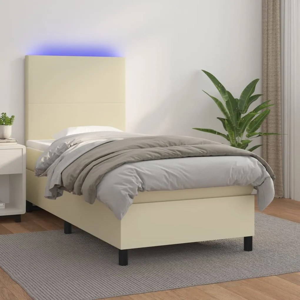 3135809 vidaXL Pat cu arcuri, saltea și LED, crem, 100x200 cm, piele ecologică