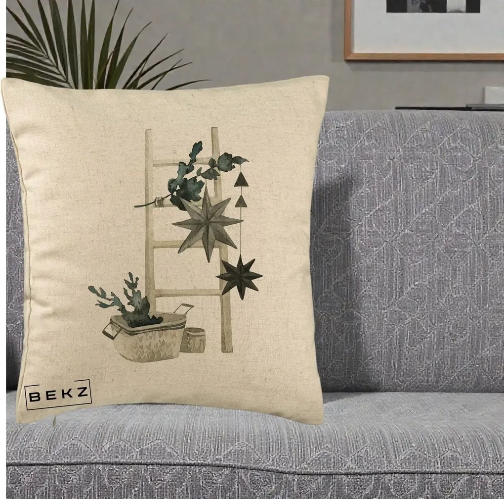 Perna Decorativa Scara Scandinavica cu Stele, 40x40 cm, Bej, Husa Detasabila, Perna Inclusa, BEKZ®