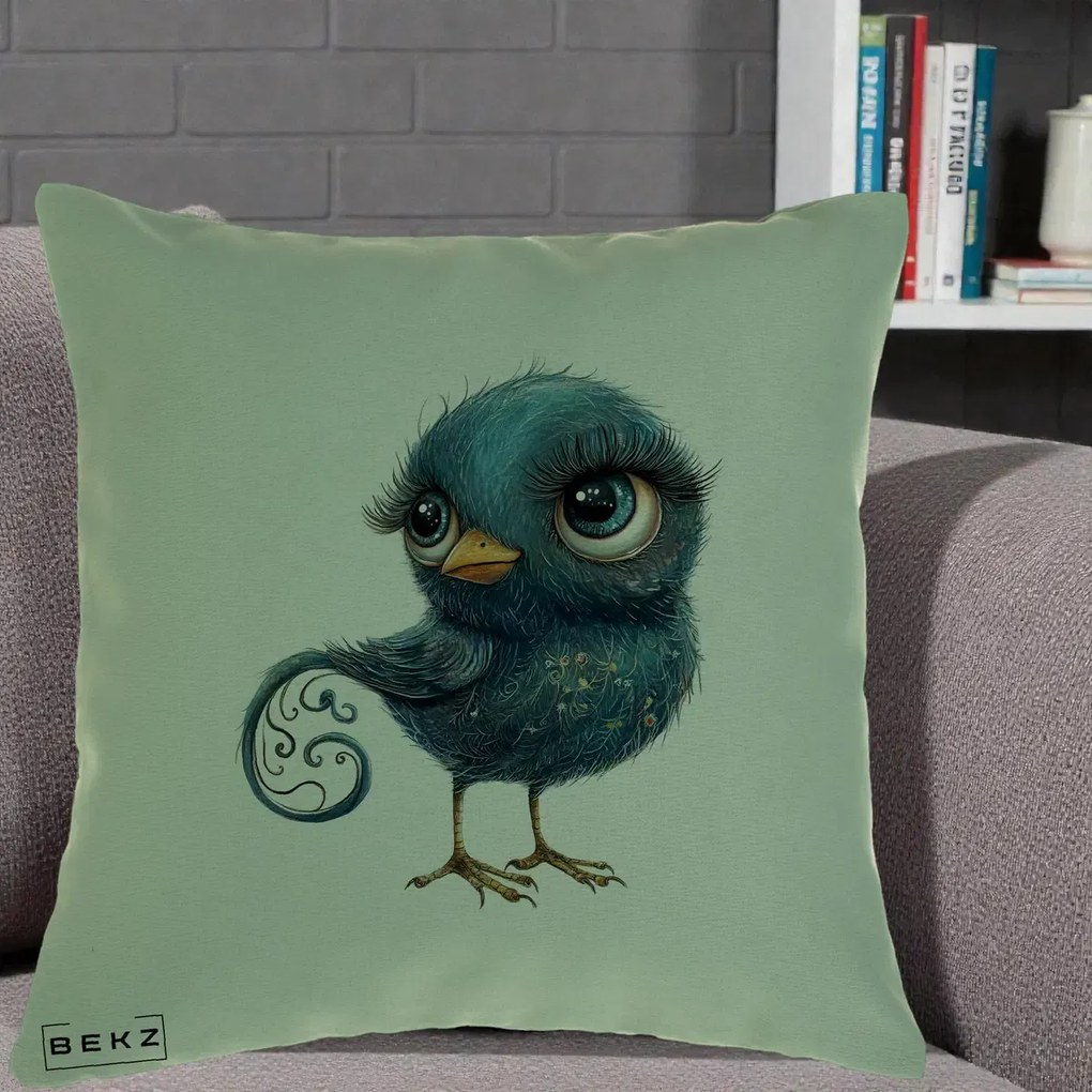 Perna Decorativa Pasare Teal cu Motive Aurii si Coada Spiralata, 40x40 cm, Verde, Husa Detasabila, Perna Inclusa, BEKZ®