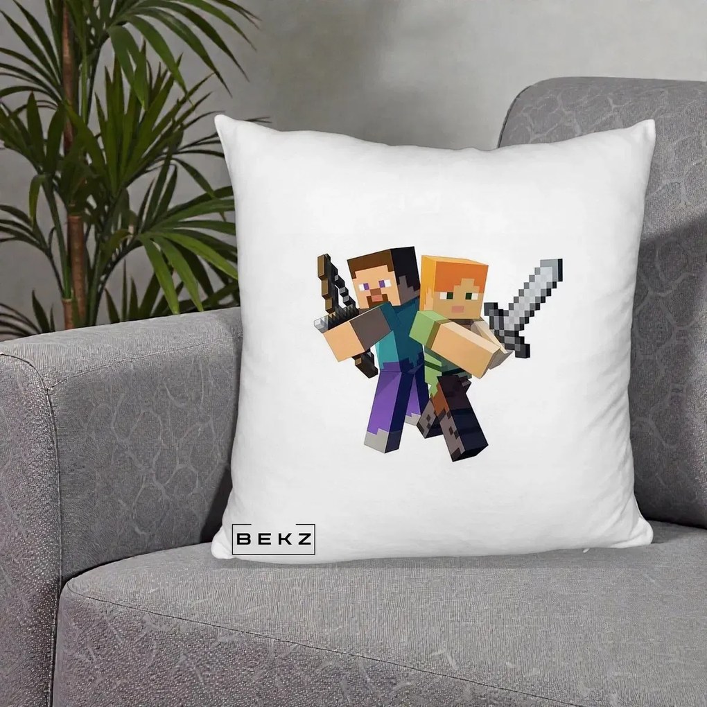 Perna Personalizata Minecraft Steve si Alex, 40x40 cm, Alb Pufos, Husa Detasabila, Perna Inclusa, BEKZ®