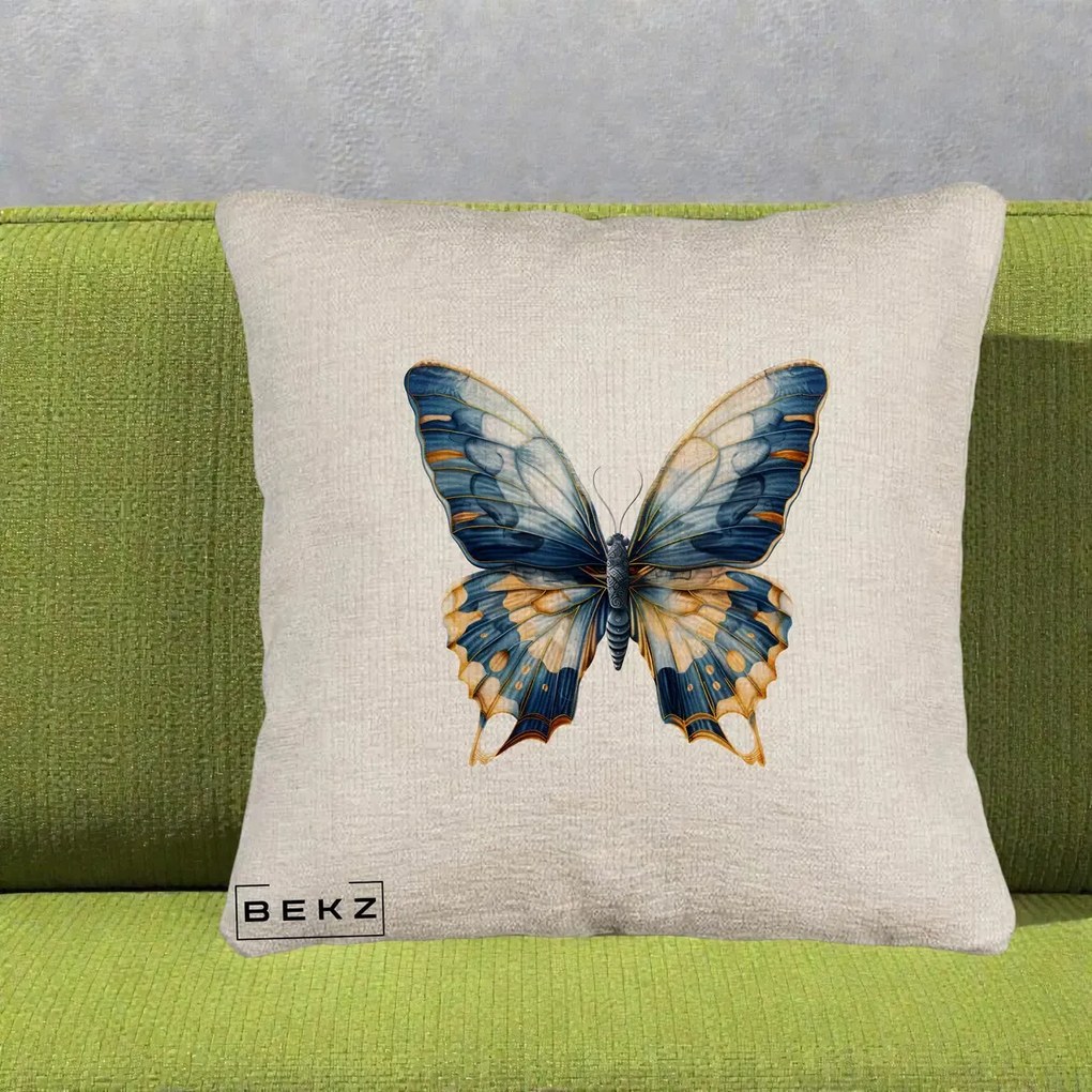 Perna Decorativa Fluture Albastru Auriu Elegant, 40x40 cm, Bej Canapea, Husa Detasabila, Perna Inclusa, BEKZ®