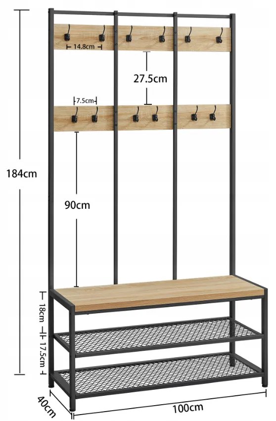 Perete de hol metalic STAGE 184 cm, negru/stejar sonoma