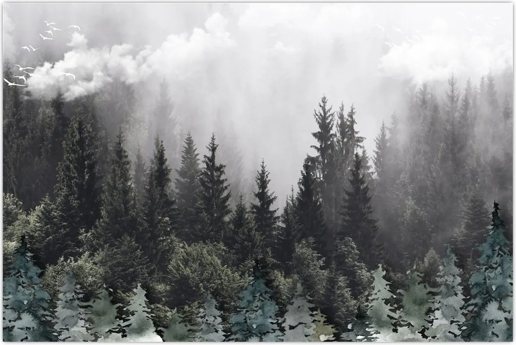 Tablou - Pădure cu elemente ilustrate (90x60 cm)