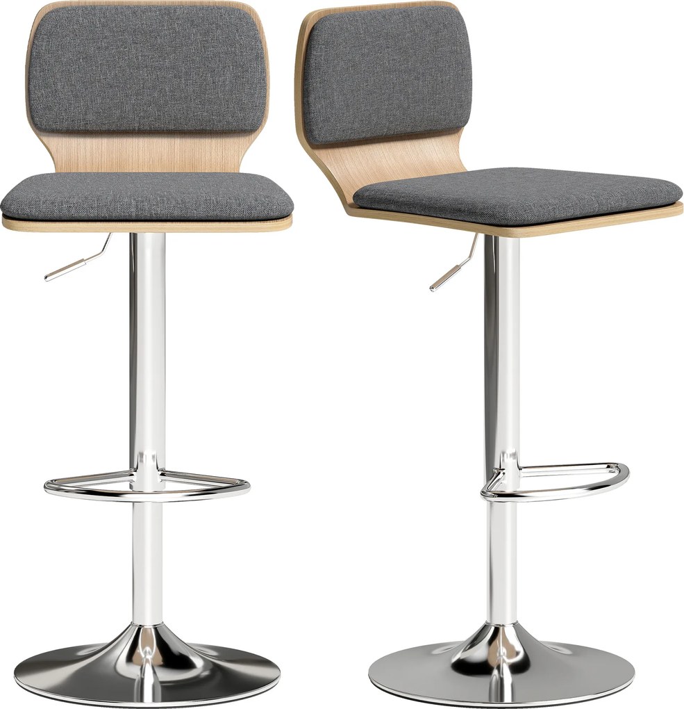 HOMCOM Set de 2 scaune de bar scaune de bar reglabile pe înălțime spătar suport pentru picioare rotative 360° 41x47,5x81-102cm gri | Aosom Romania