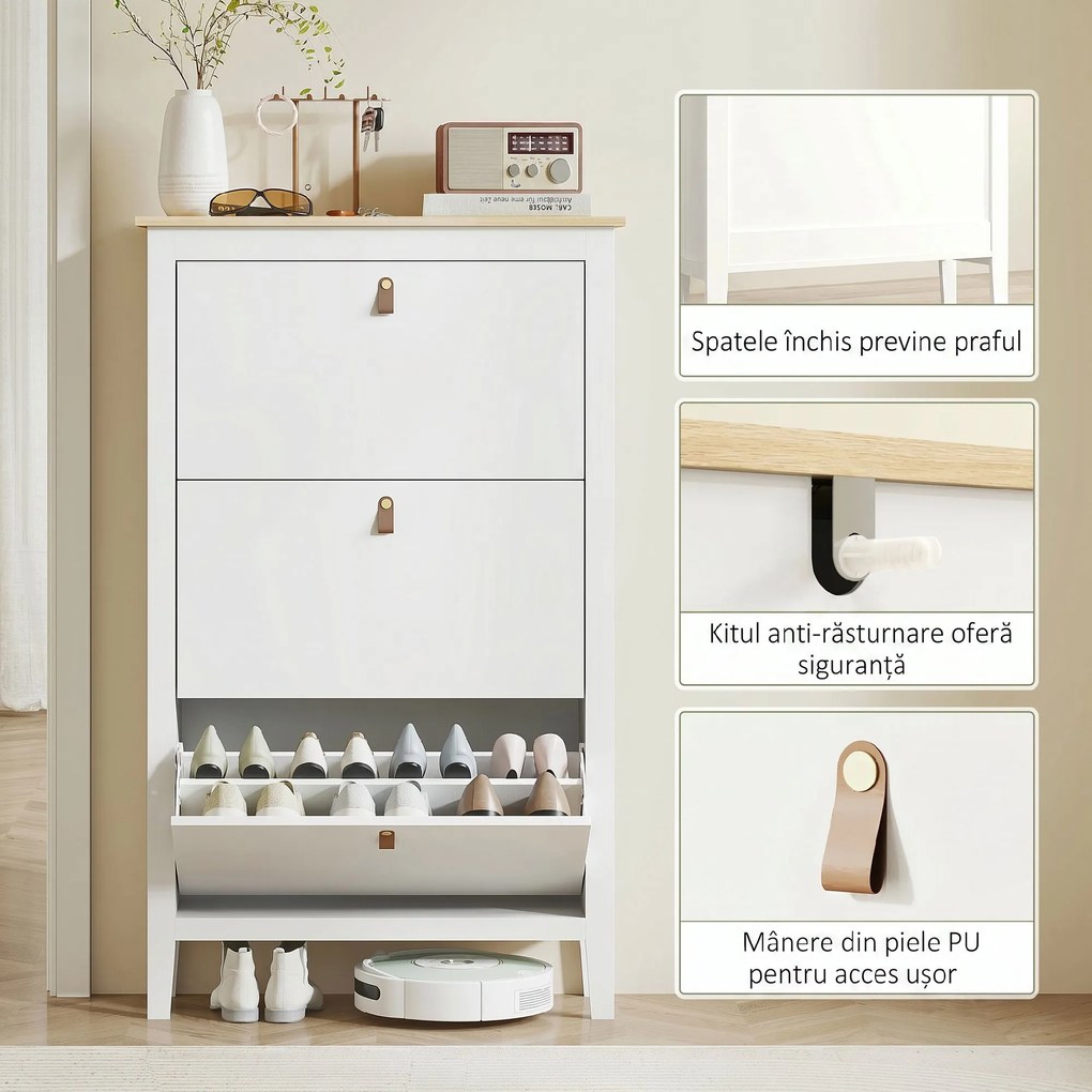 HOMCOM Pantofar Slim cu 3 sertare, pentru 21 perechi de încălțăminte, mărimea EU44 și rafturi reglabile, 80x24x131 cm, alb | Aosom Romania