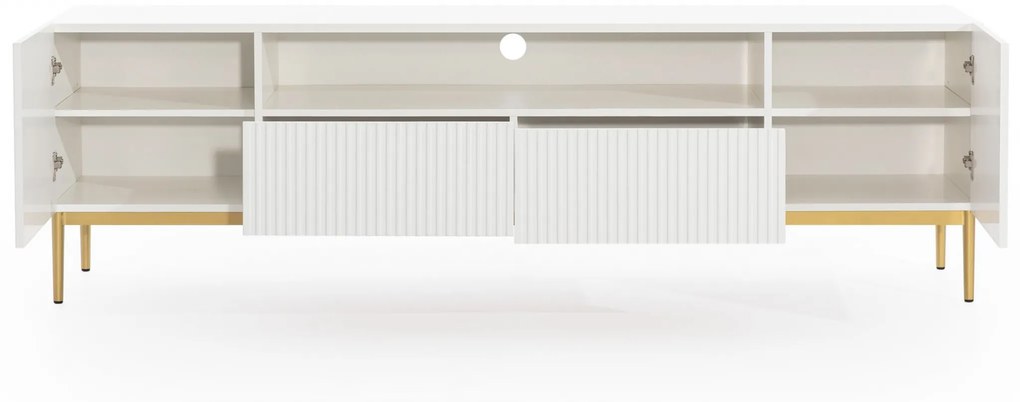 Comodă TV cu nișă și sertare Nicole 200 cm - alb mat / picioare aurii