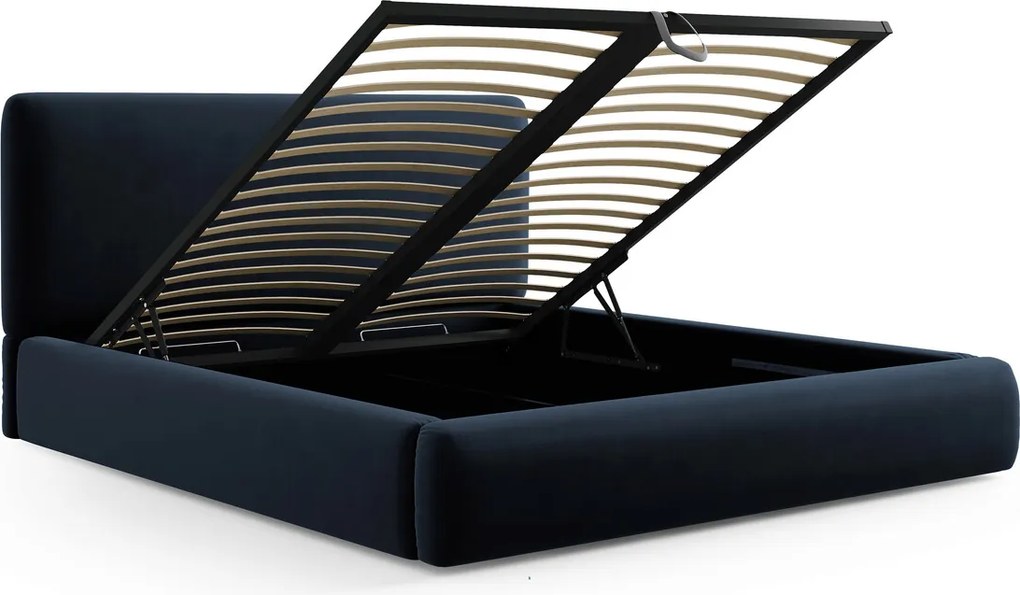 Pat tapitat cu tablie si lada depozitare, Colonel, Cosmopolitan Design, 160x200 cm, catifea, albastru inchis