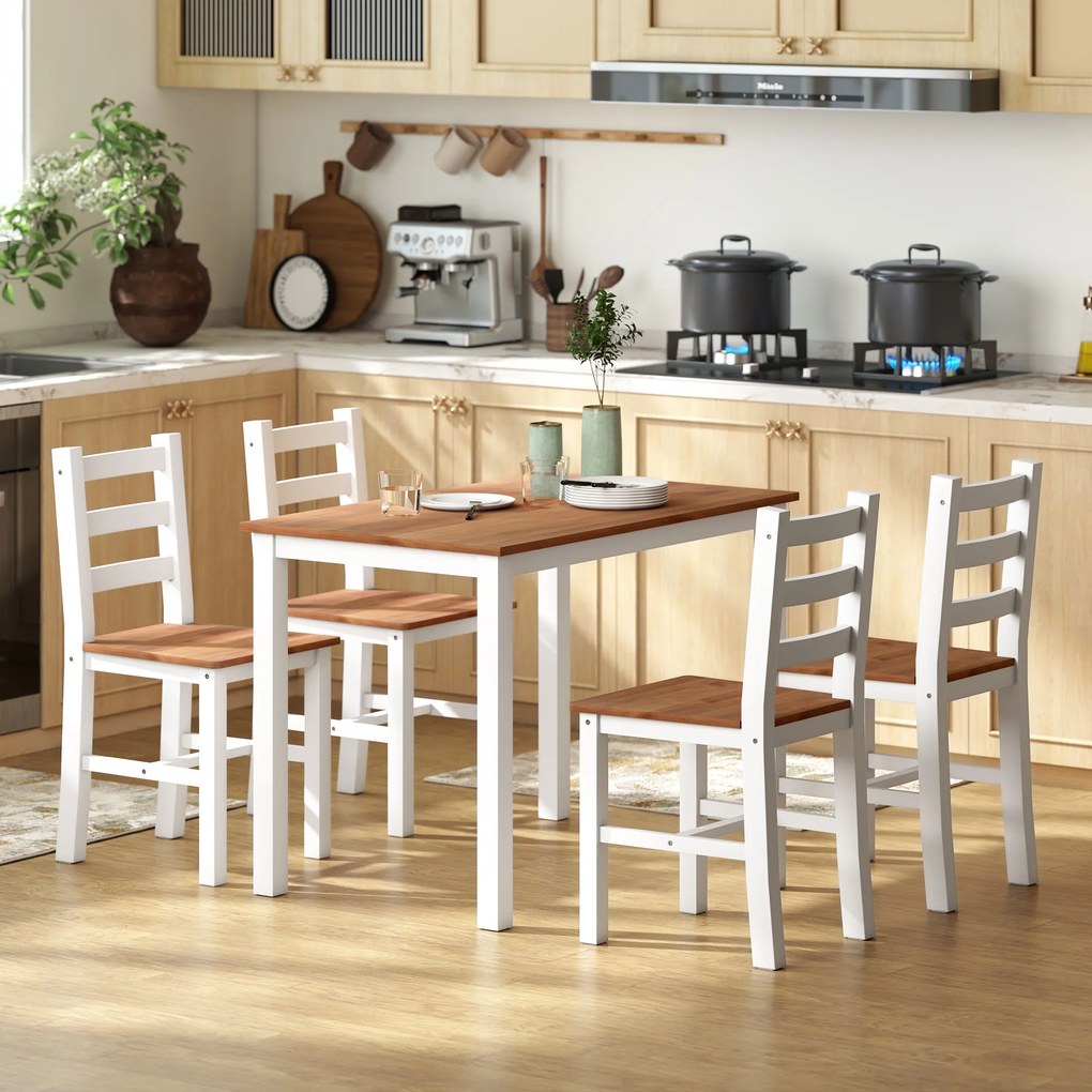 HOMCOM Set de masă, masă de cină, 4 scaune, set de dining, pin, maro + alb | Aosom Romania