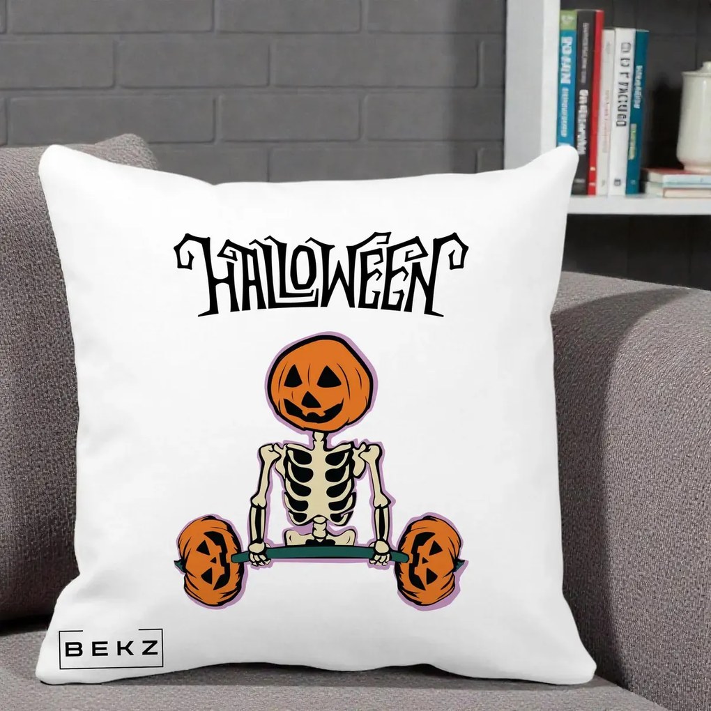 Perna Decorativa Halloween Schelet cu Cap de Dovleac Powerlifting, 40x40 cm, Alba Mata, Husa Detasabila, Perna Inclusa, BEKZ®