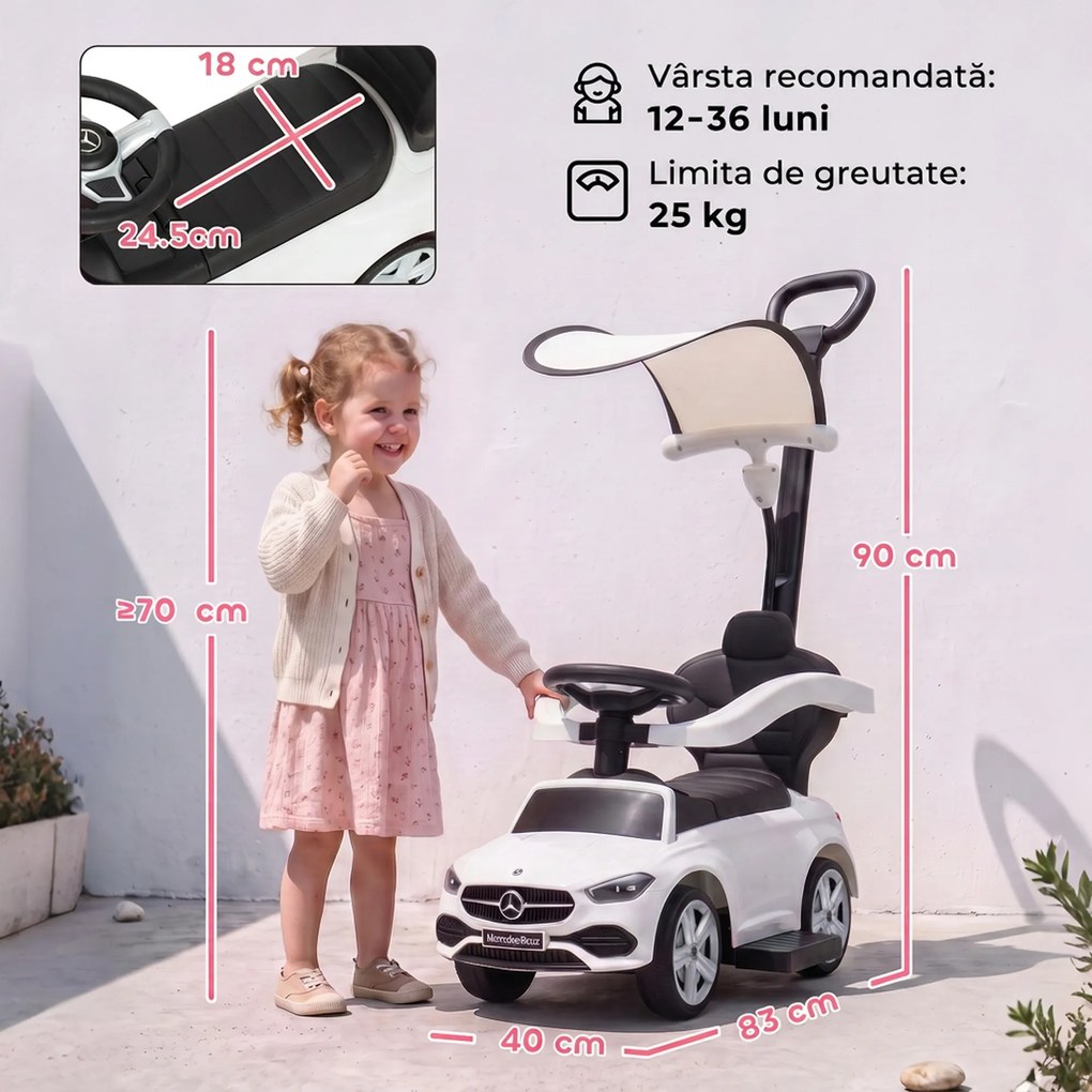 AIYAPLAY Mașinuță de Împins pentru Copii 3 în 1 cu Licență Mercedes-Benz, Mâner, Copertină, Claxon, Muzică, Alb | Aosom Romania