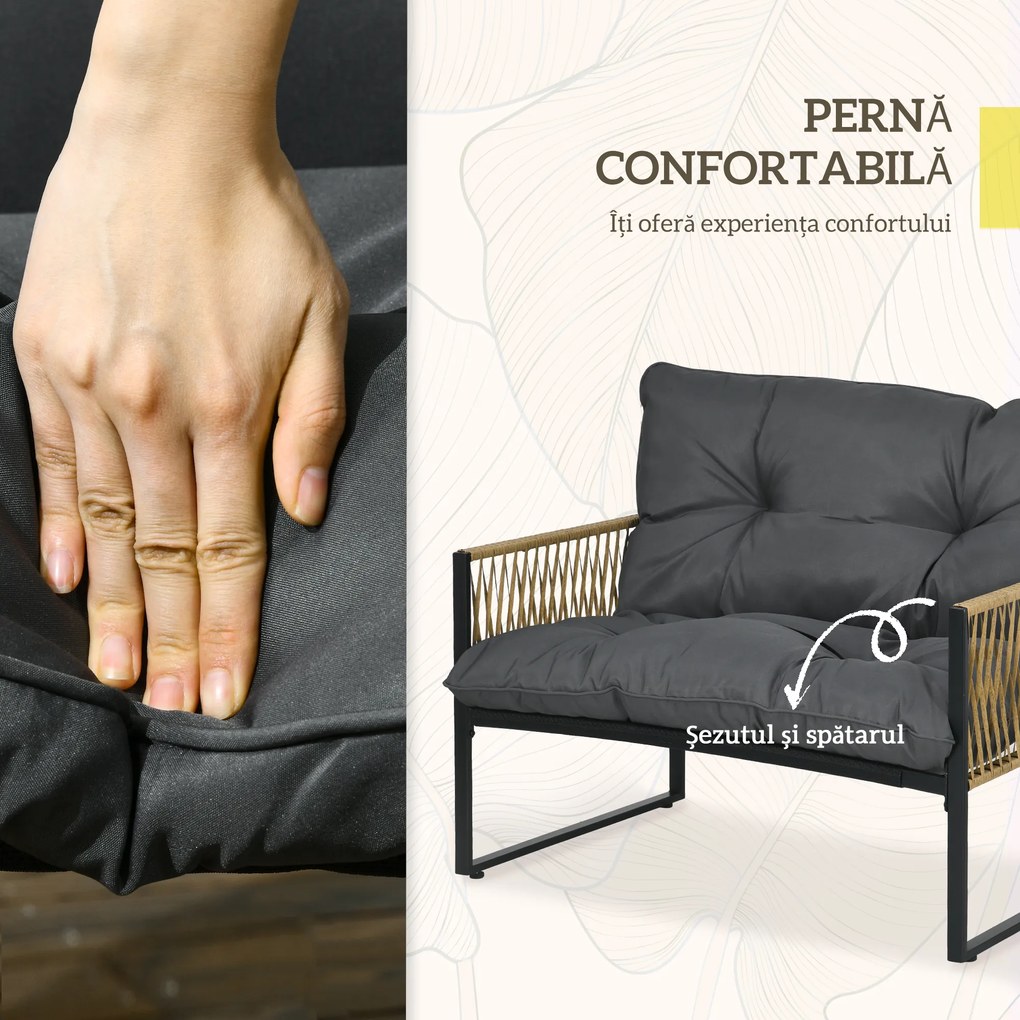 Outsunny Set de Mobilier de Grădină din 4 Piese PE Rattan cu Canapea Dublă, Fotoliu, Măsuță de Cafea din Sticlă, 106x70x72 cm, Gri