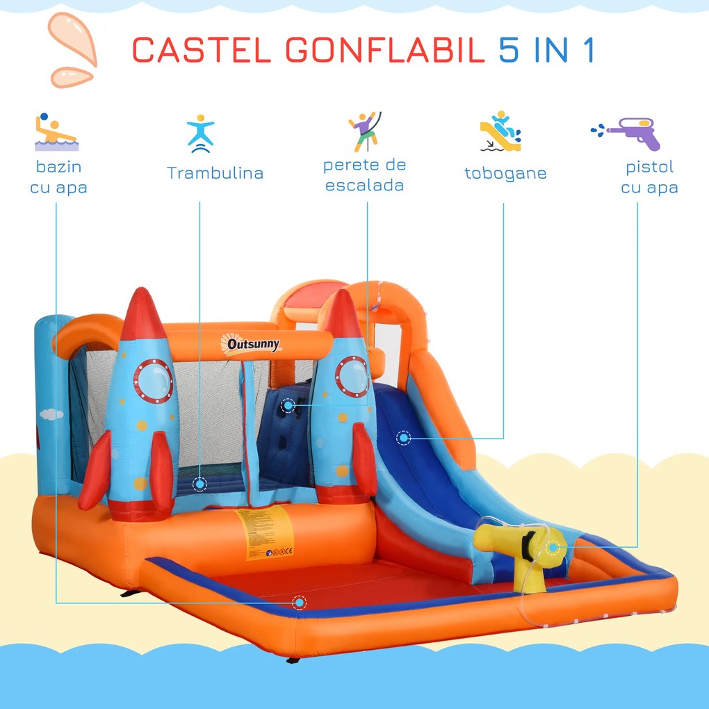 Outsunny Castel Gonflabil pentru Copii Piscina cu Tobogan si Trambulina, Pompa Electrica, 370x270x185cm, Multicolor | Aosom Romania