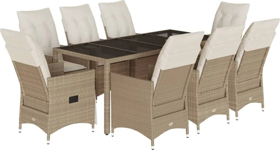 vidaXL Set de masă pentru grădină, 9 piese, cu perne, bej, poliratan