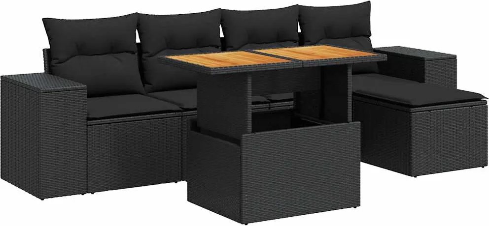vidaXL Set mobilier de grădină cu perne, 6 piese, negru, poliratan