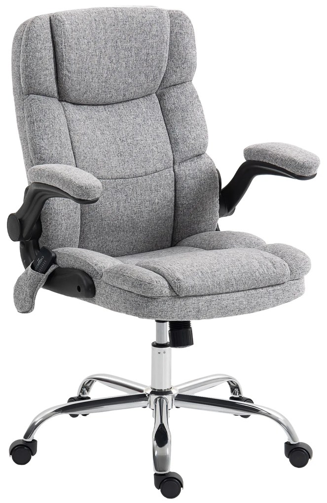 HOMCOM Scaun de Birou Masaj Vibrant cu 4 Puncte, Funcție de Balans și Încălzire, Scaun de Birou în Țesătură de In cu Brațe Pliabile, Înălțime Reglabilă, Gri | Aosom Romania