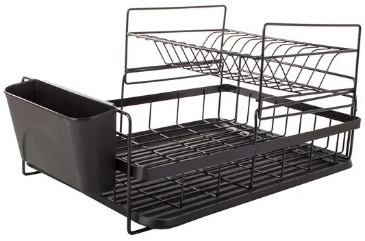 Scurgator vase, Verk Group, de bucatarie, metal si plastic, negru, suport tacamuri, 2 nivele, 44x32x24 cm