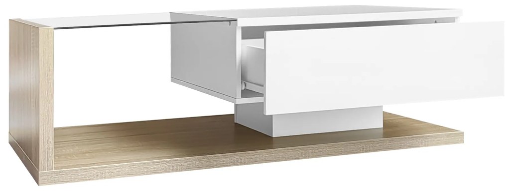 Măsuță de Cafea Modernă din Lemn cu Sticlă și LED, 105x55x32,5 cm, Naturală