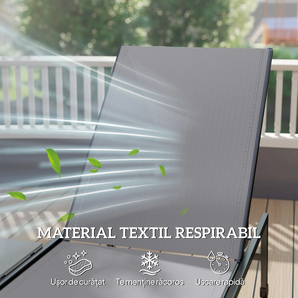 Outsunny Set 2 Șezlonguri Reglabile în 5 Poziții cu Măsuță Laterală și 2 Roți, din Metal și Poliester, Gri | Aosom Romania