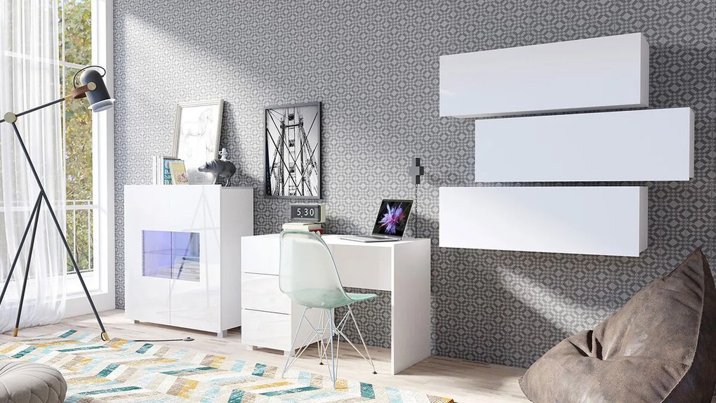 Set de mobilier Providence B134Alb lucios, Alb, Cu masa de birou, Cu componente suplimentare, Părți separate, Sticlă călită, PAL laminat, 315x50cm, 117 kg
