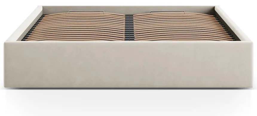 Pat matrimonial bej tapițat cu spațiu de depozitare/fără tăblie cu somieră 140x200 cm Susan – Micadoni