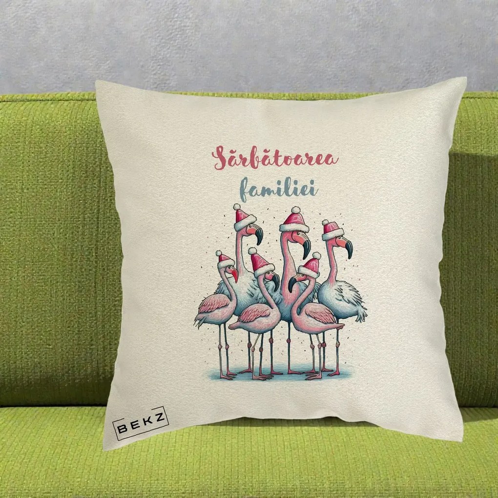 Perna Decorativa Flamingo Craciun Sarbatoarea Familiei, 40x40 cm, Ecru, Husa Detasabila, Perna Inclusa, BEKZ®