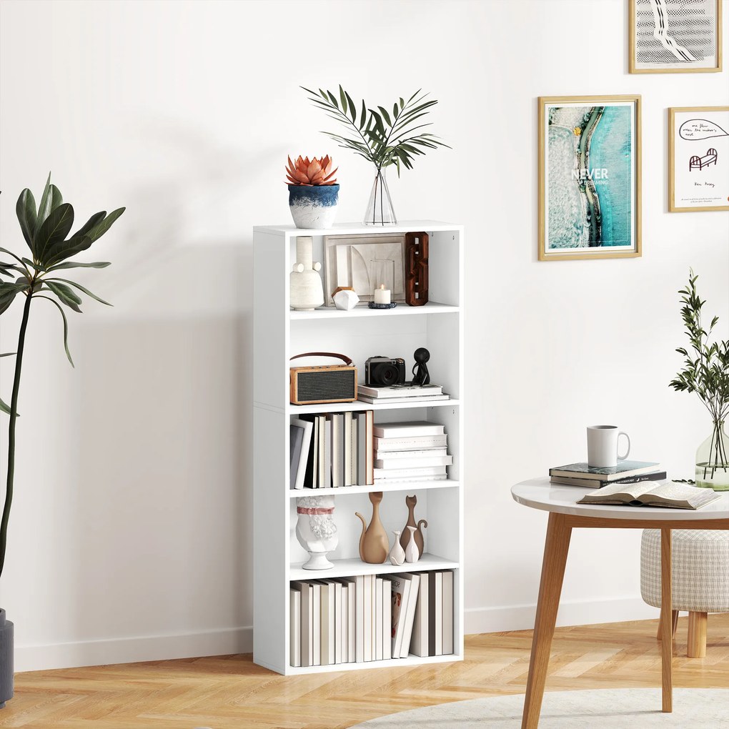 HOMCOM Bibliotecă cu 5 Niveluri și Rafturi Ajustabile, 60x24x133,5 cm, Alb | Aosom Romania